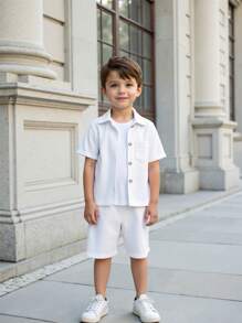 SHEIN 2pcs/Set Young Boy Plain Button Down Shirt & Shorts Set, Suitable For Casual Beach Vacation, Summer