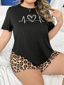Heart Print Short Sleeve Top And Leopard Shorts Plus Size Pajama Set - Black - View 6