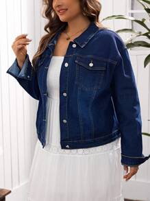 EMERY ROSE Veste en jean bomber décontractée à coupe slim et élastique pour femmes grande taille, printemps - Bleu azur - Voir 5