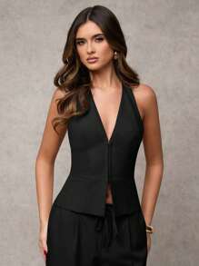 SHEIN BAE Camiseta de tirantes ajustada de cuello halter con cierre de botones delanteros en unicolor para mujer - Negro - Ver 3