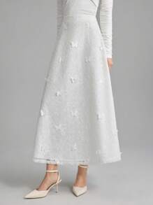 Ontre 蝴蝶蕾丝装饰简约优雅 A 字裙，2025 女款 - 白色 - 查看 5