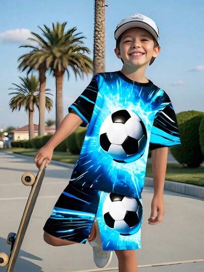 SHEIN Fantacosmos 2 Pieces Set: Soccer Print Short Sleeve T-Shirt And Shorts Outfit For Boys, Suitable For Casual & Sports Wear
