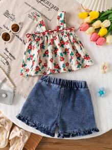 SHEIN Vintaside Kids 2 件装女婴时尚简约优雅碎花吊带上衣和荷叶边牛仔短裤套装，夏季