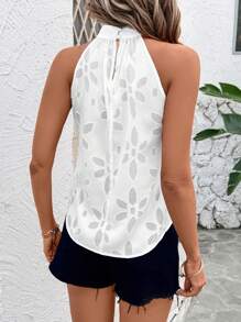 SHEIN Clasi 夏季优雅女士白色挂脖提花面料切花，部分透视切花，修身衬衫适合各种场合，适合日常休闲、通勤、旅行 - 白色 - 查看 2