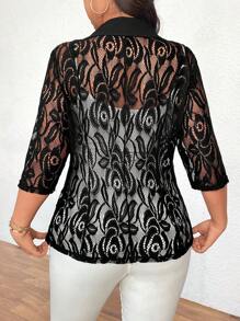 SHEIN Clasi Plus Size Women Elegant Solid Color Lace Patchwork Blazer Jacket