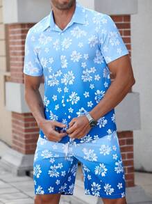 Manfinity RSRT Set de 2 piezas de camisa de manga corta con botones delanteros y estampado floral, y pantalones cortos para hombre
