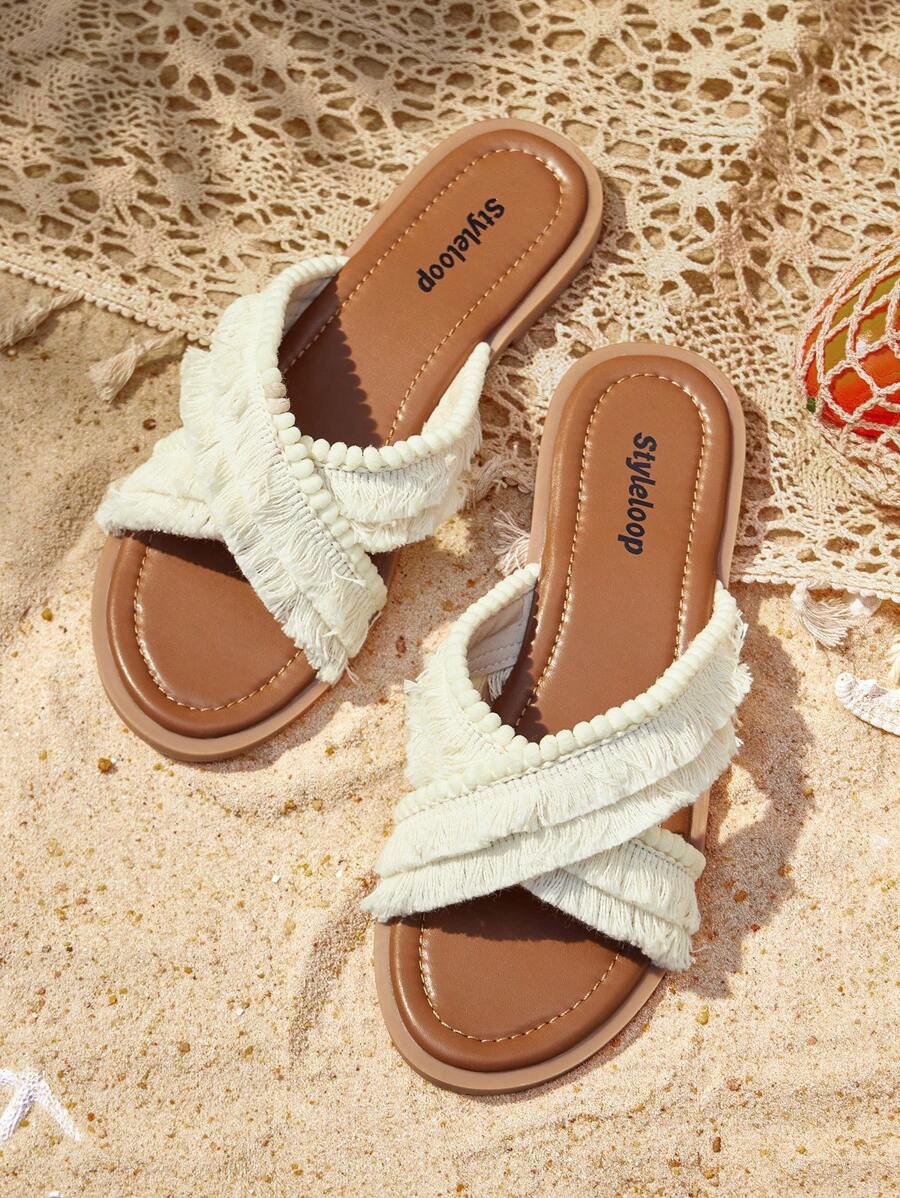 Dép đế bằng tua rua màu be thời trang cho nữ - Màu be - Xem 1