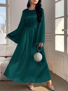 Al Najma 女士优雅纯色喇叭袖长裙，春/夏，朴素优雅的 A 字型阿拉伯连衣裙，适合晚会/婚礼嘉宾/周年纪念/日常穿着 - 墨綠色 - 查看 5