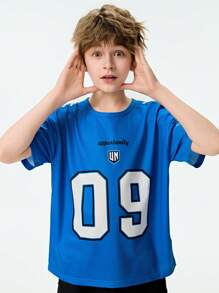 SHEIN 1pc Tween Boy Crew Neck Short Sleeve T-Shirt,Navy Blue,Summer,Streetwear,School Casual Loose Letter Print Soft Comfortable Digital Star Design Tee - Blue - View 6