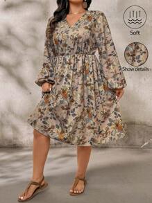 SHEIN LUNE 大码女式花卉印花灯笼袖休闲连衣裙，度假风格斋月 - 彩色 - 查看 1