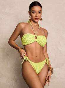 SHEIN Swim 2pcs/Set Swimwear, Pearl Chain Strapless Design, For Beach, Pool, Casual Party, Vacation, Spring/Summer - Mustard Yellow - View 6