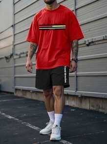 Manfinity Homme Men's Branded Color Block Crew Neck Short Sleeve Letter Print Everyday Top And Shorts Set - Red - View 1