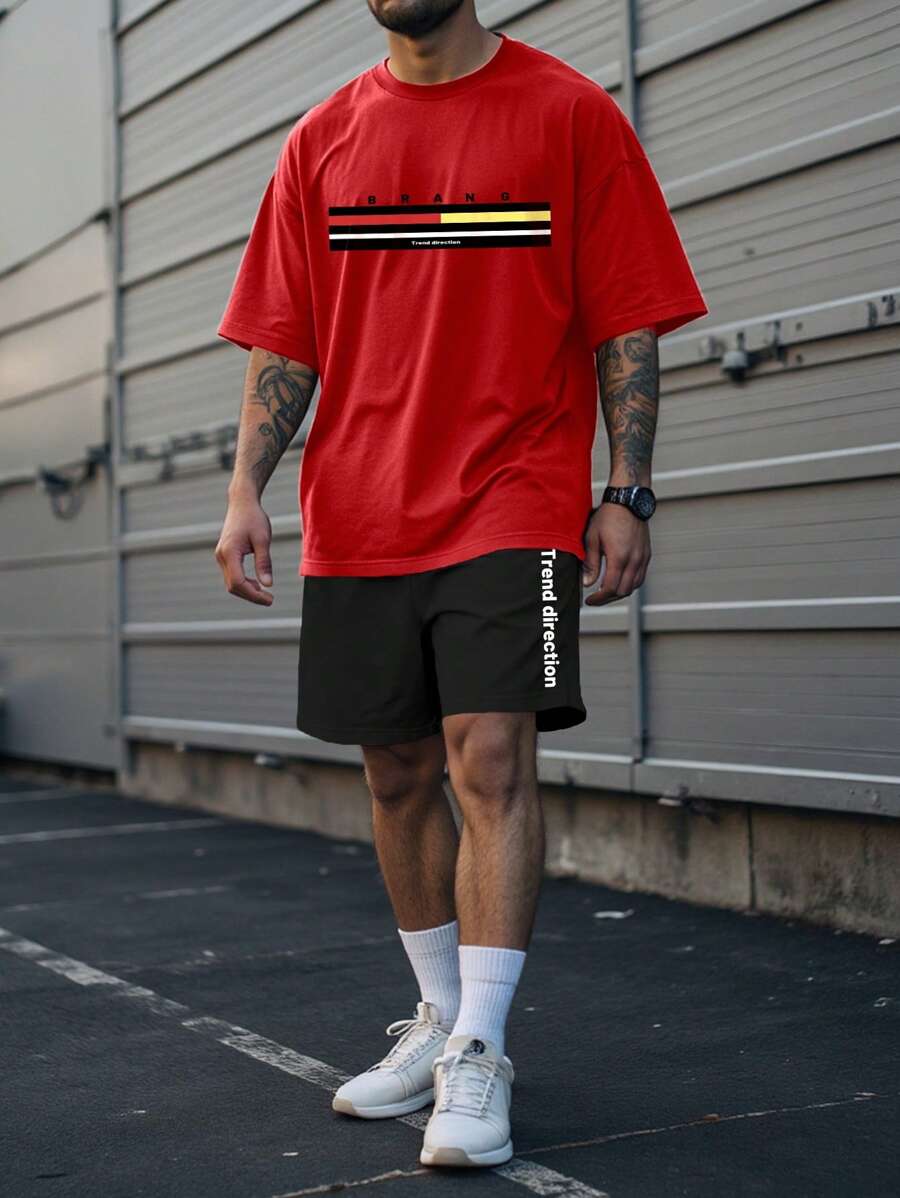 Manfinity Homme Men's Branded Color Block Crew Neck Short Sleeve Letter Print Everyday Top And Shorts Set - Red - View 1