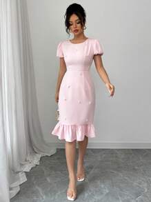 Elenzga Vestido elegante con cuello redondo, mangas abullonadas, volantes y cintura adornada con cuentas para mujeres de talla estándar