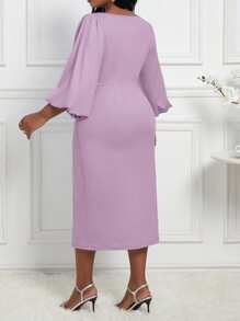Fleurora Autumn And Winter Elegant Baby Blue Round Neck Bishop Sleeve Bodycon Dress Plus Size Dresses Blue Dresses Dress - Purple - View 2