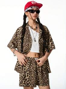 SHEIN Tween Girls Short Sleeve Leopard Print Collared Shirt And Shorts Loungewear Set, Spring/Summer - Coffee Brown - View 6