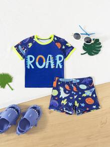 2pcs Boy "Young Boy" Letter Print Raglan Sleeve T-Shirt And Shorts Swimsuit Set (Printed Design) - Multicolor - View 5