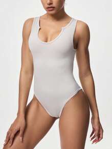 SHEIN Sports 女士纯色罗纹 U 领修身连身裤 - 米色 - 查看 6