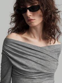 Ontre 2025 New Women's Long Sleeve Solid Grey Crossover Off Shoulder Pleated Fitted Top, Spring/Summer Holiday Clothing, Valentine's Day