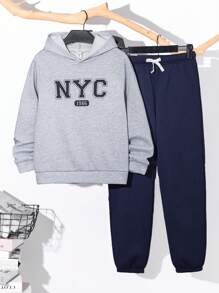 SHEIN 2 Pieces Set Tween Boys' Casual College Style Navy Letter Graphic Hoodie And Drawstring Navy Jogger Pants Set, Suitable For Academy, Loungewear, Daily Wear, Sports, Versatile & Minimalist - Grey - View 1