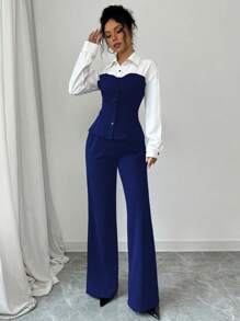 Gloray 2 sztuki/zestaw Kontrastowa kolorowa bluzka i spodnie Slim Fit, wyszczuplające