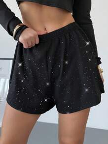 SHEIN Privé 全新休闲百搭性感派对优雅别致黑色亮片高腰宽松短裤，适合春夏演唱会狂欢女式短裤 - 黑色 - 查看 6
