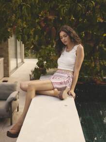 Aralina 休闲 Y2k 条纹低腰度假系带海滩亚麻迷你裙