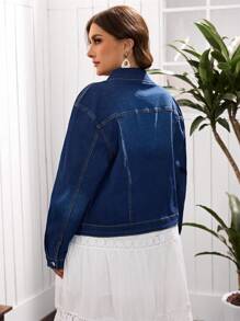 EMERY ROSE Veste en jean bomber décontractée à coupe slim et élastique pour femmes grande taille, printemps - Bleu azur - Voir 3