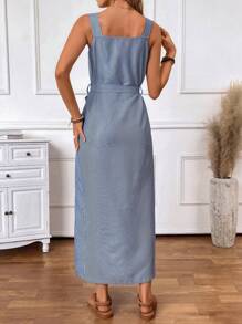 SHEIN LUNE Vestido casual de vacaciones para mujer con tirantes de colores contrastantes, rayas y botones adelante con nudo a la cintura