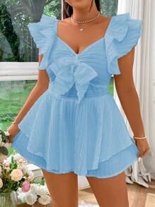Flirla Plus Size Sweetheart Neckline Bow Decor Romantic Jumpsuit - Blue - View 6