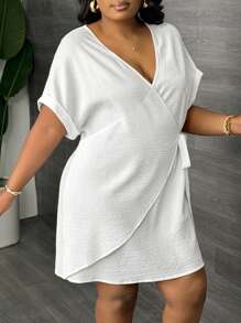 Slaydiva Plus Size Women Casual Commuter Tie-Up Waist V-Neck Office Dress, Suitable For Business Lady,Graduation Dress