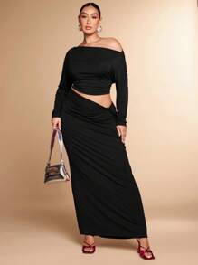 SHEIN BAE 大码女式灰色纯色约会之夜简约优雅舒适不对称领口褶皱上衣和低腰扭结裙优雅女士两件套/秋季两件套/上衣和裙子套装/针织套装