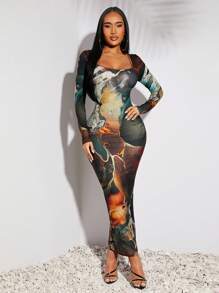 SHEIN SXY Đầm bó sát tay dài in họa tiết đá cẩm thạch giản dị, cổ tròn, thoải mái cho mùa xuân/hè, thích hợp mặc hàng ngày, tụ tập, tiệc tùng, hẹn hò - Nhiều màu - Xem 6