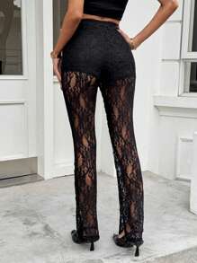 SHEIN Essnce Women's Solid Color Lace Splicing Slit Simple Slim Fit Casual Pants