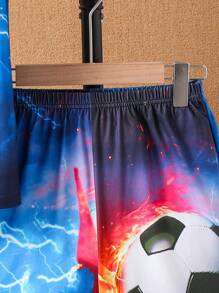 Set de 2 piezas para niños: Camiseta de manga corta con estampado 3D de fútbol colorido y pantalones cortos