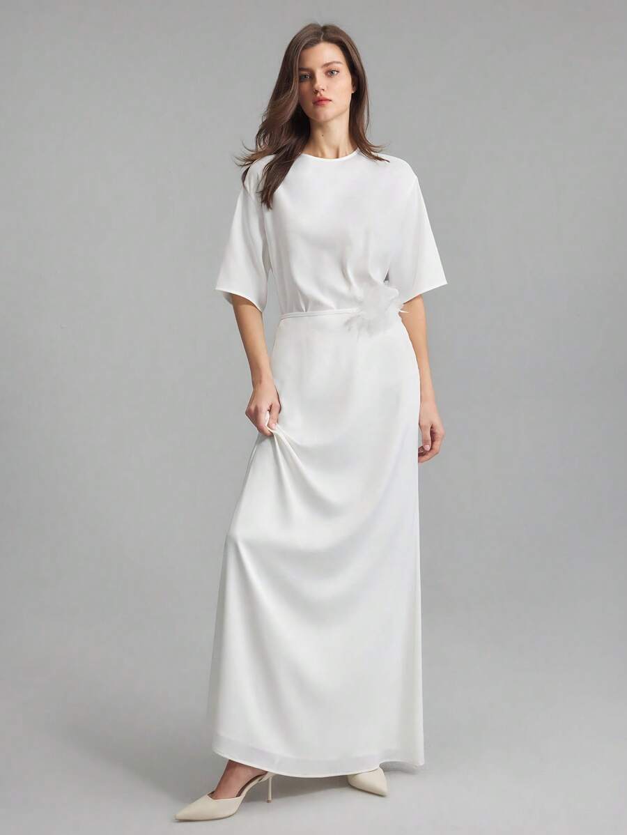 Ontre Women's White Wedding Bridesmaid Elegant Long Skirt With 3D Floral Waist Decoration - White - View 1