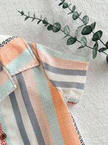 Vintaside Kids 年轻男孩休闲花卉条纹图案翻领短袖衬衫上衣，夏季 - 橘色 - 查看 5