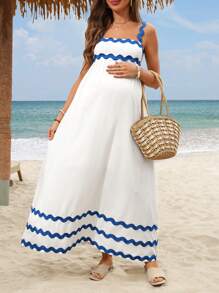 SHEIN Maternity Vacation Casual Contrast Color Webbing Decor Cami Dress - White - View 7