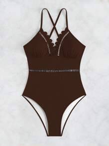 SHEIN Swim 女士春假海滩装：度假针织纯色小罗纹毛衣蕾丝花瓣女士连体泳衣 - 咖啡棕 - 查看 5