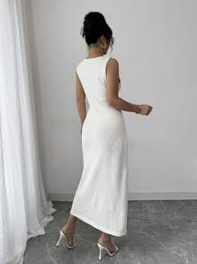 Chiquease Women's Spring/Summer V-Neck Sleeveless 3D Floral Sexy Versatile Fashion Knit Dress - Apricot - View 2