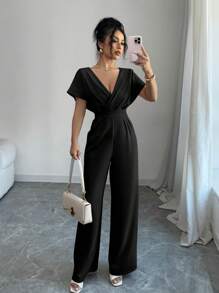 Elenzga 女士纯色 V 领褶皱腰休闲连体裤 - 黑色 - 查看 1