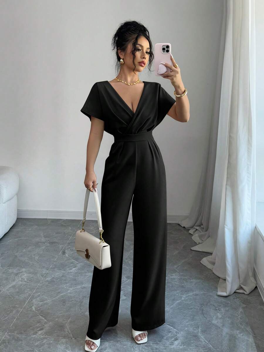 Elenzga 女士纯色 V 领褶皱腰休闲连体裤 - 黑色 - 查看 1