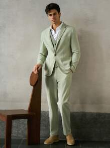 Manfinity VCAY 2pcs Men Slim Fit Notched Collar Fashion Casual Suit Set, Suitable For Daily Office - Green - View 3