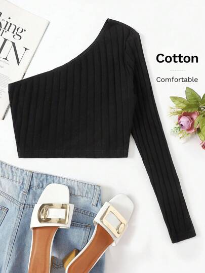 One Shoulder Rib-knit Crop Top