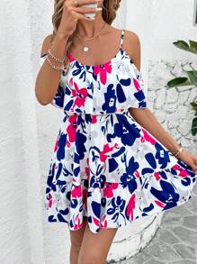 SHEIN Clasi Women's Elegant Open Shoulder Ruffle A-Line Colorful Printed Summer Mini Dress, Holiday Dress,Sun Dress