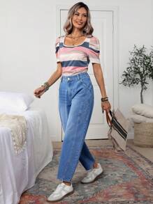 SHEIN LUNE Mid-Waist Loose Patchwork Design Women's Boyfriend Jeans