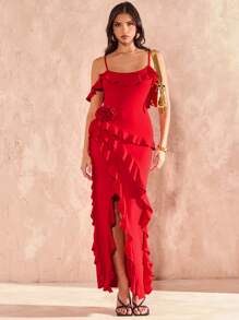 SHEIN BAE Spring/Summer Solid Red Asymmetrical Hem High Slit Multi-Layer Ruffle 3D Floral Decor Long Tank Dress, Vacation Dress, Bridesmaid Mini Dress, Valentine's Day Dress, Red Dress, Birthday Mini Dress
