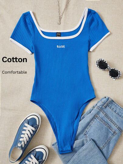 SHEIN EZwear Embroidery Letter Rib-knit Ringer Bodysuit