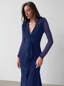 Aloruh Damen Abendkleid mit tiefem V-Ausschnitt, Volant-Saum, Meerjungfrau-Schnitt, Mesh-Material, für Partys und Weihnachten, sexy