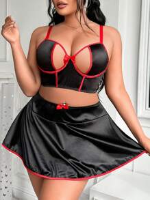 Fantasy Costume 3 Piece Plus Size Lingerie Set With Underwire And Hollow-Out Designs, Sexy Intimates - Black - View 4